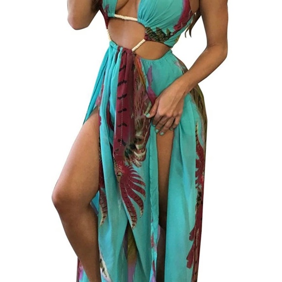 BIUBIU Women's Sexy Floral Halter Split Cover Up Swimsuit Maxi Dress Size XL. - Picture 2 of 7